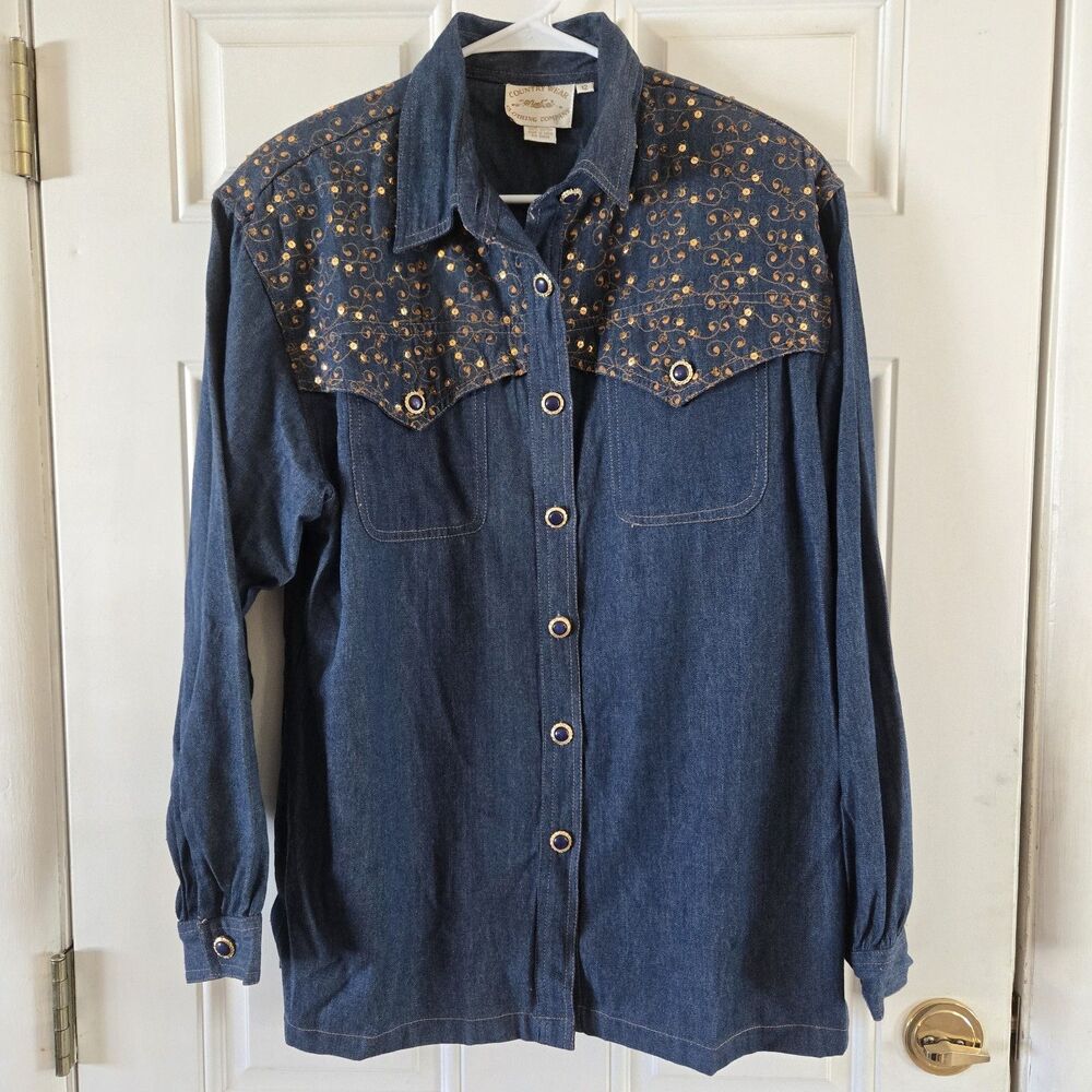 Vintage Country Wear Denim Western Shirt Gold Embroider Sequins Sz 12 Rodeo Chic